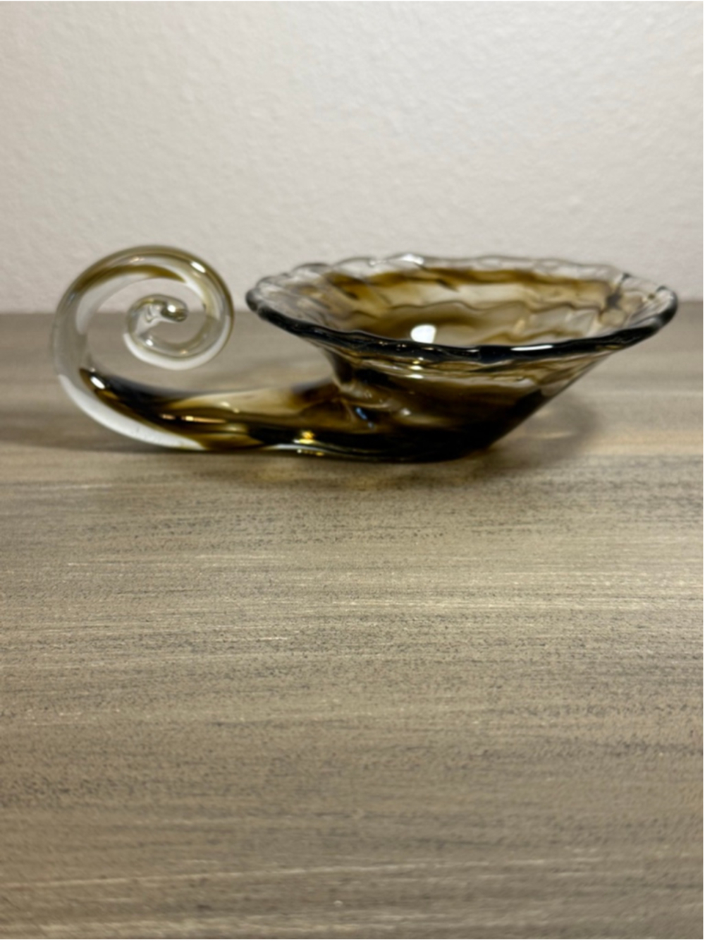 Amber Art Glass Cornucopia Bowl Ruffled Edge Hand Blown MCM Vintage
